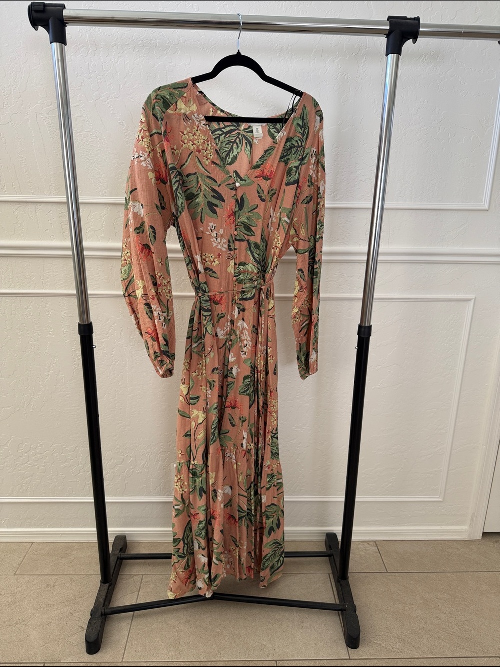 H&M Peach Floral Wrap Maxi Dress with Green Leaf Print
